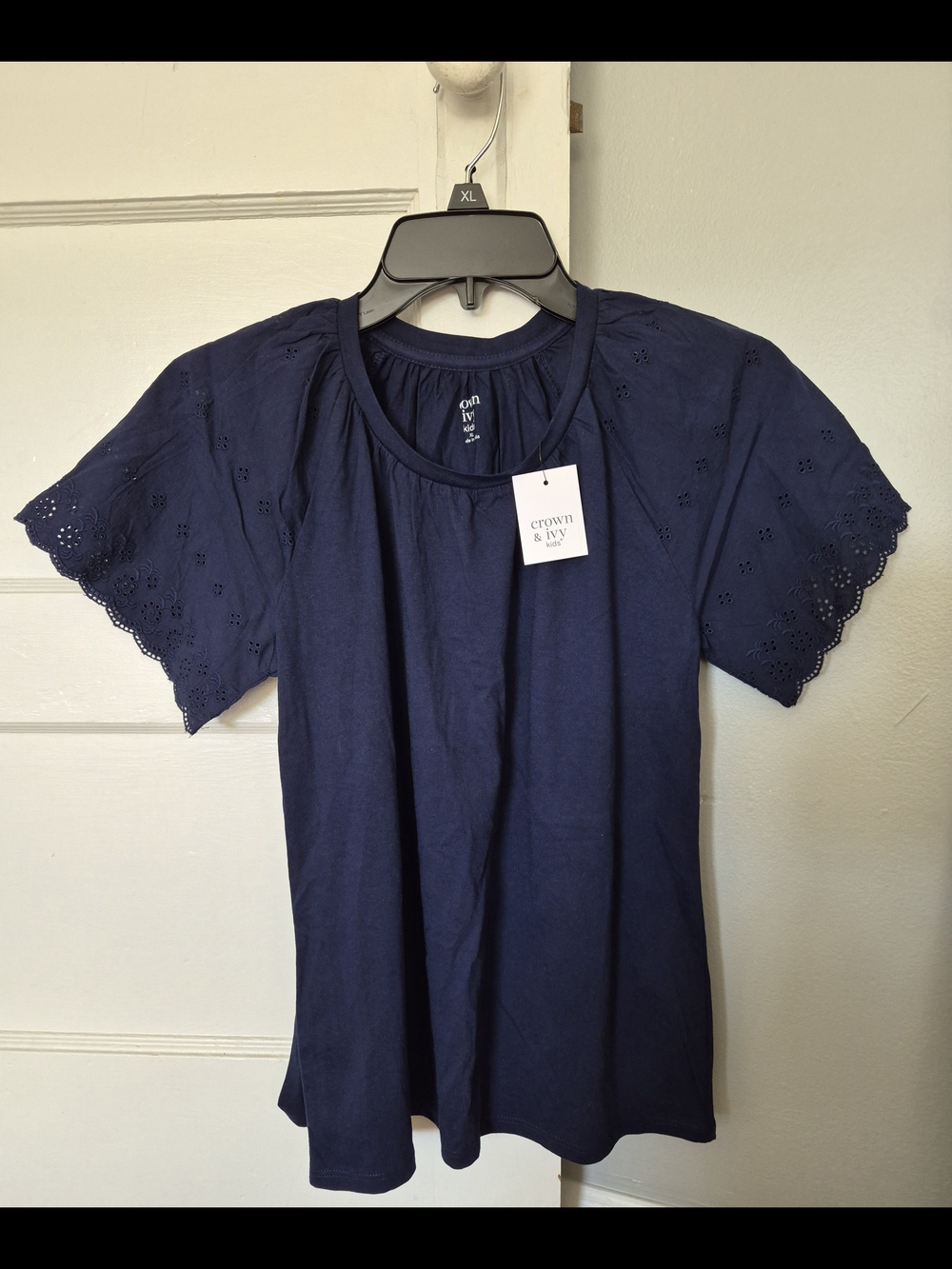 Crown & Ivy Navy Eyelet Sleeve Cotton Top